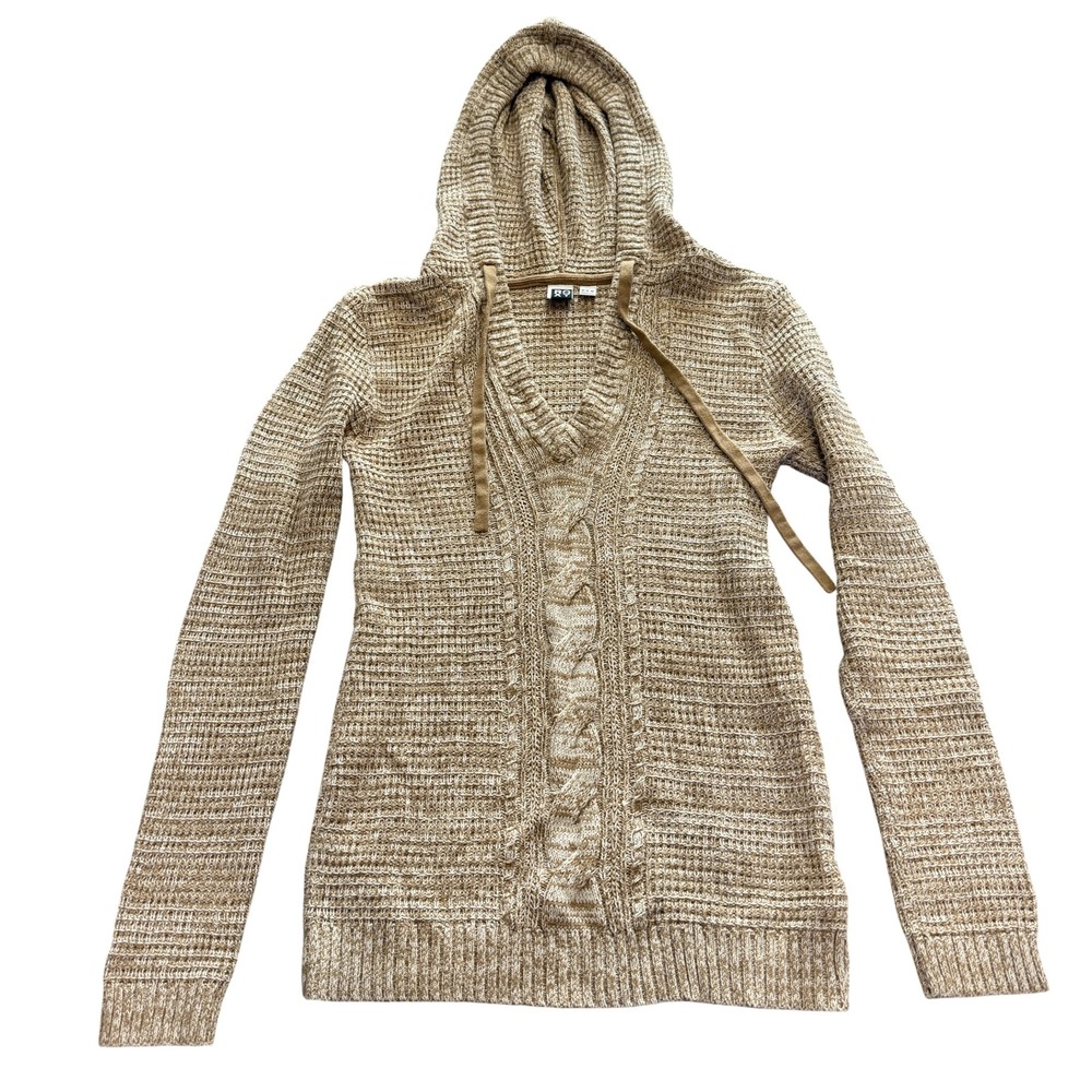 Roxy Women's Tan Marled Knit Hooded Sweater Tunic Cable Knit V Neck